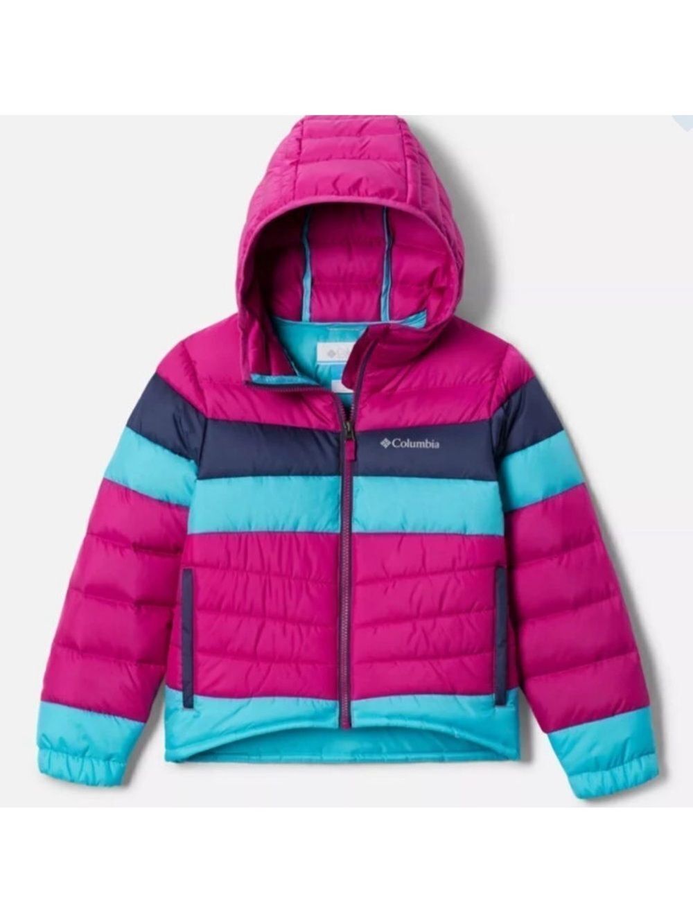 Columbia Tumble Rock down puffer striped magenta, teal and navy coat size large